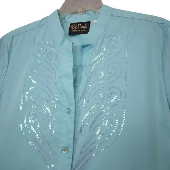 Bob Mackie | Cotton Sequin Shirt Blouse Light Blue Button Front | Size L - Picture 1 of 8